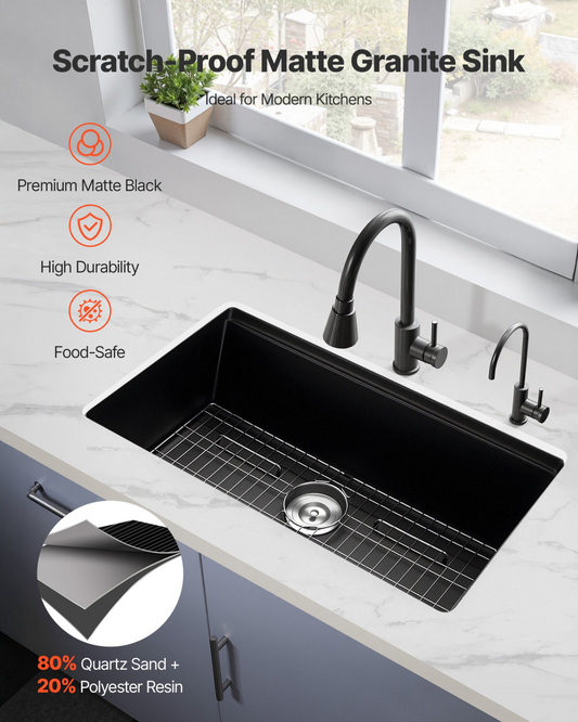 VEVOR 84 cm Granite Kitchen Sink Undermount Single Bowl Drop-In Basin for RV Bar