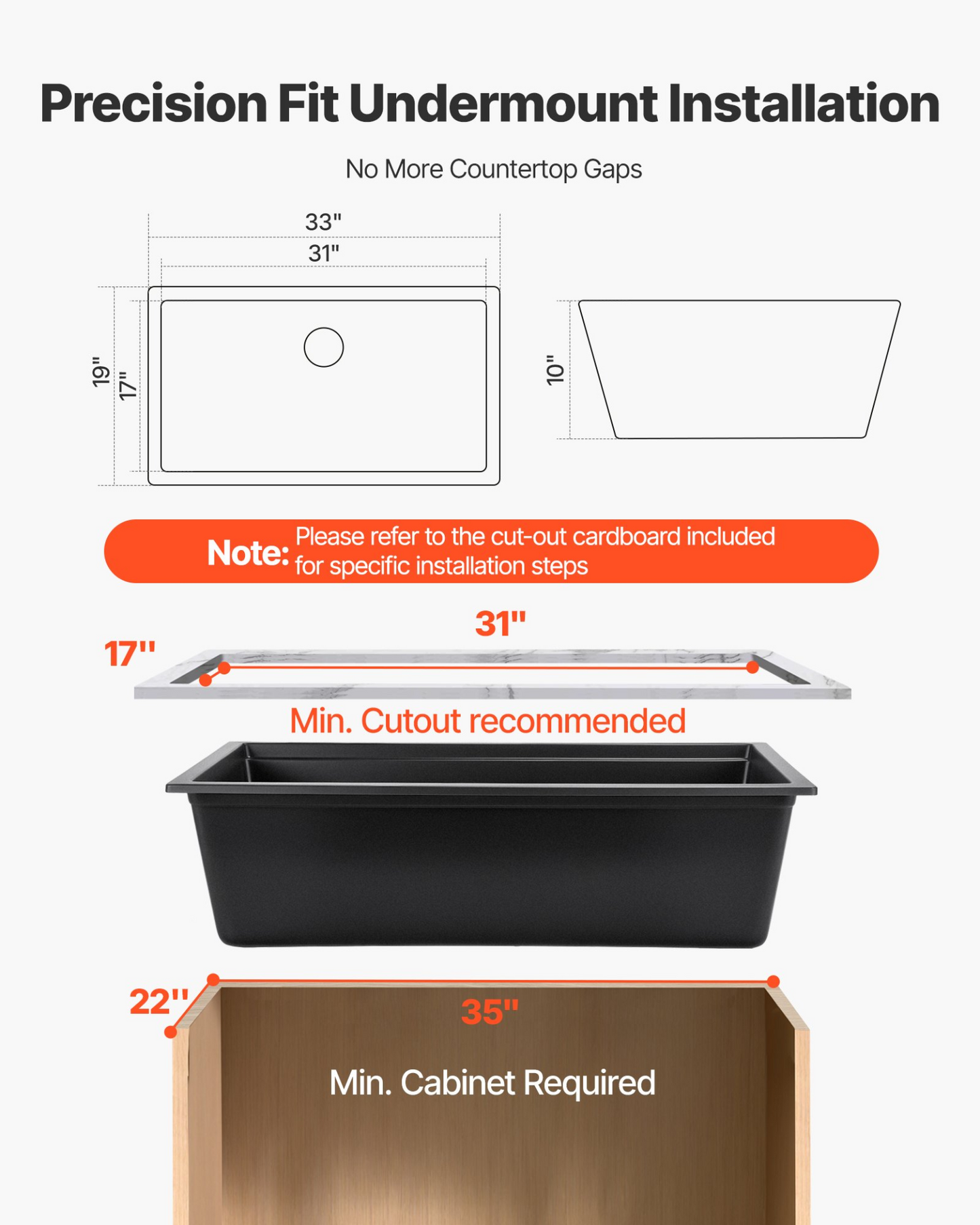 VEVOR 84 cm Granite Kitchen Sink Undermount Single Bowl Drop-In Basin for RV Bar