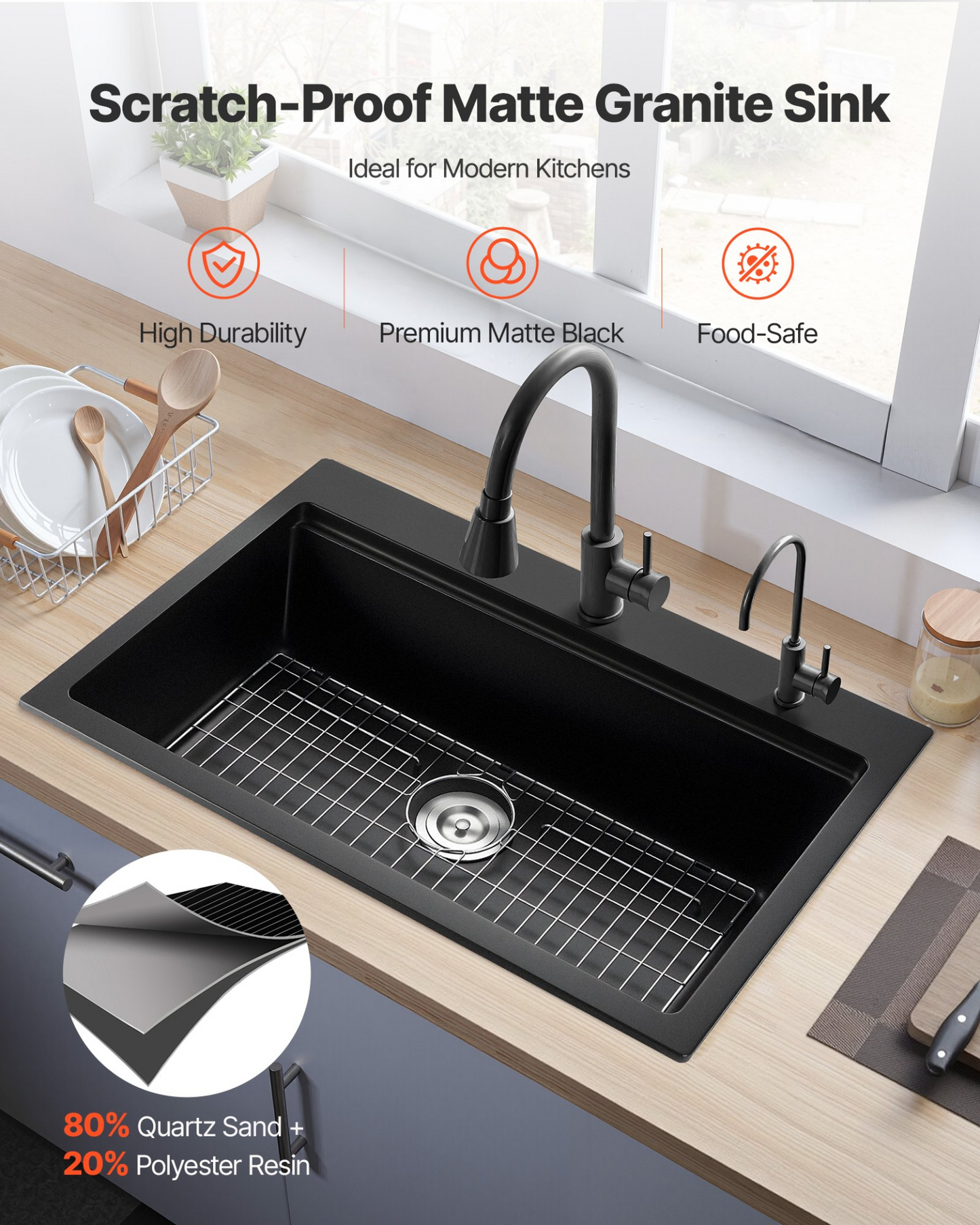 VEVOR 84 cm Granite Kitchen Sink Top Mount Single Bowl Drop-In Basin for RV Bar