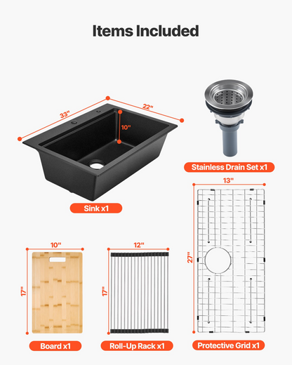 VEVOR 84 cm Granite Kitchen Sink Top Mount Single Bowl Drop-In Basin for RV Bar