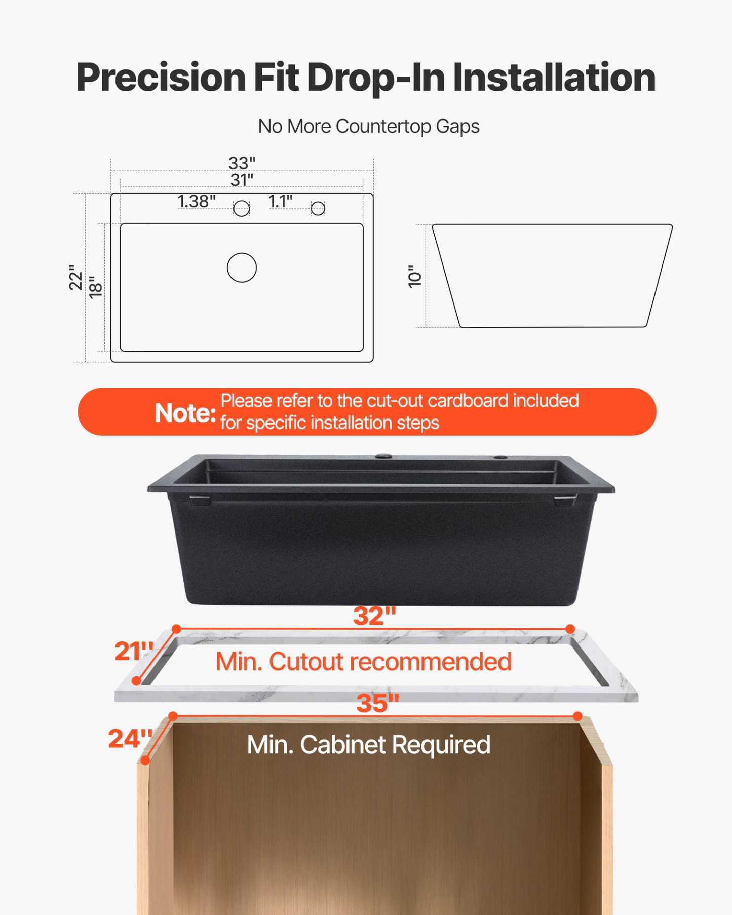 VEVOR 84 cm Granite Kitchen Sink Top Mount Single Bowl Drop-In Basin for RV Bar