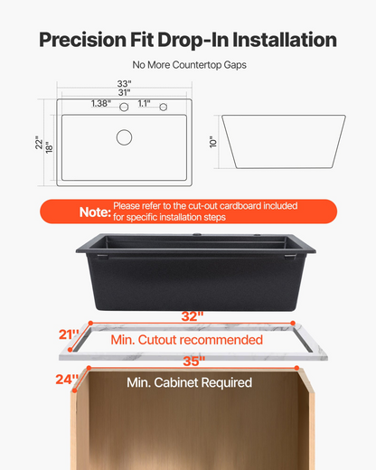 VEVOR 84 cm Granite Kitchen Sink Top Mount Single Bowl Drop-In Basin for RV Bar