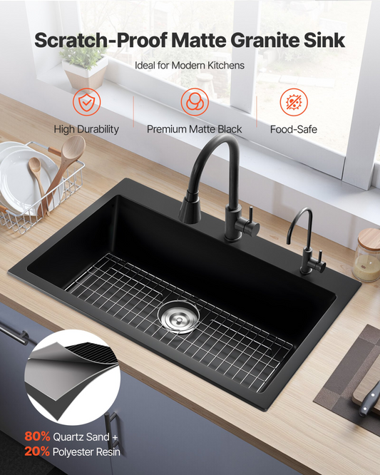 VEVOR 84 cm Granite Kitchen Sink Top Mount Single Bowl Drop-In Basin for RV Bar