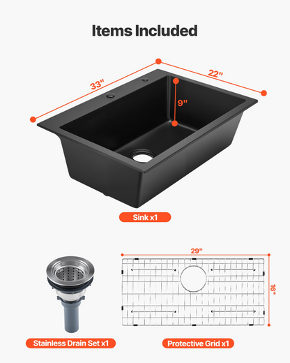VEVOR 84 cm Granite Kitchen Sink Top Mount Single Bowl Drop-In Basin for RV Bar