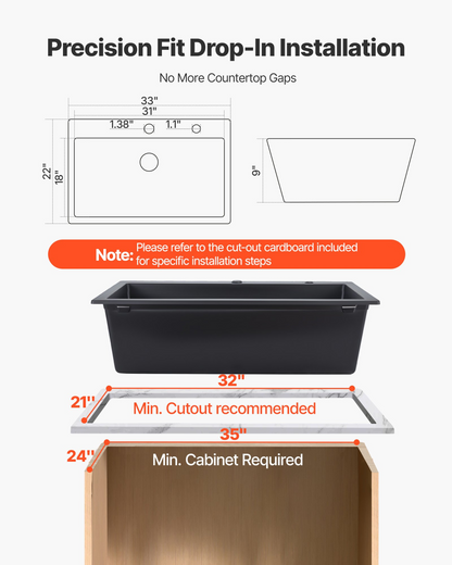 VEVOR 84 cm Granite Kitchen Sink Top Mount Single Bowl Drop-In Basin for RV Bar