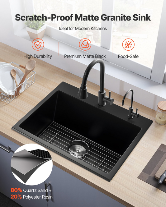 VEVOR 63 cm Granite Kitchen Sink Top Mount Single Bowl Drop-In Basin for RV Bar