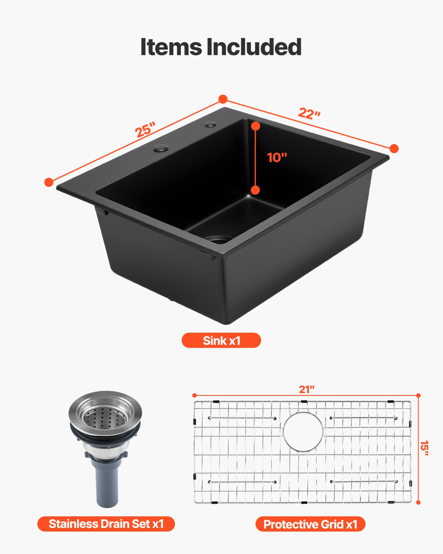 VEVOR 63 cm Granite Kitchen Sink Top Mount Single Bowl Drop-In Basin for RV Bar