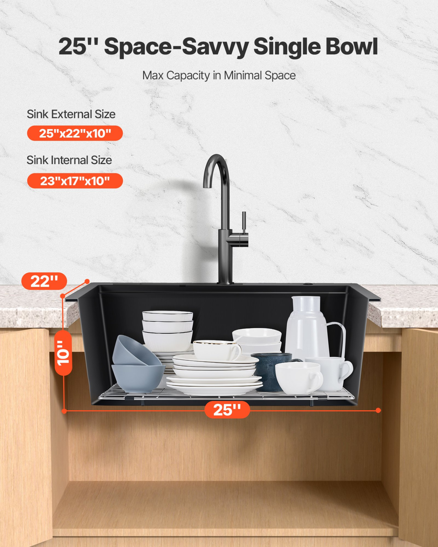 VEVOR 63 cm Granite Kitchen Sink Top Mount Single Bowl Drop-In Basin for RV Bar