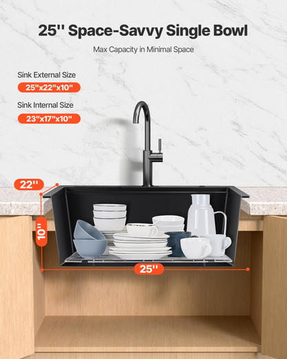 VEVOR 63 cm Granite Kitchen Sink Top Mount Single Bowl Drop-In Basin for RV Bar
