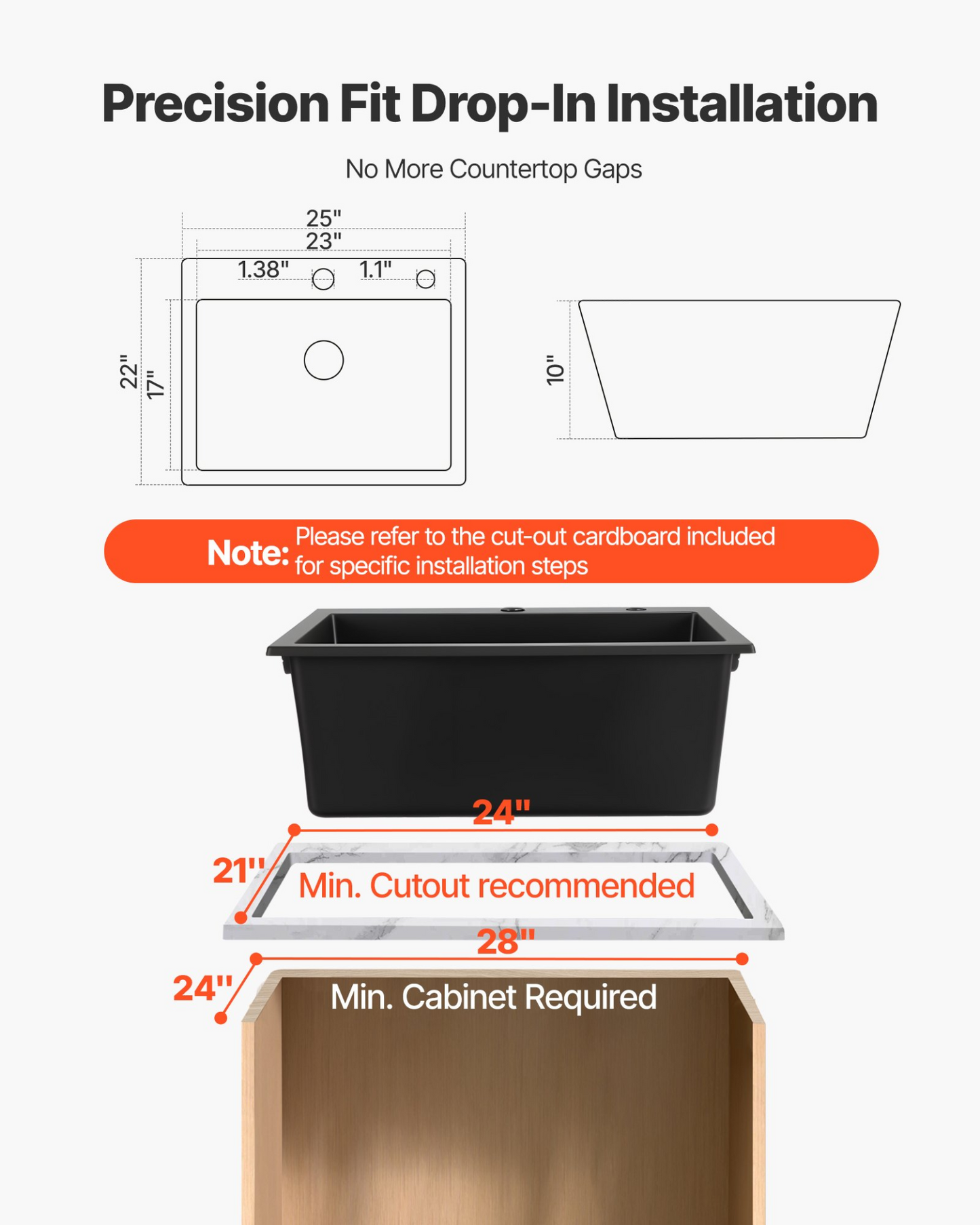 VEVOR 63 cm Granite Kitchen Sink Top Mount Single Bowl Drop-In Basin for RV Bar