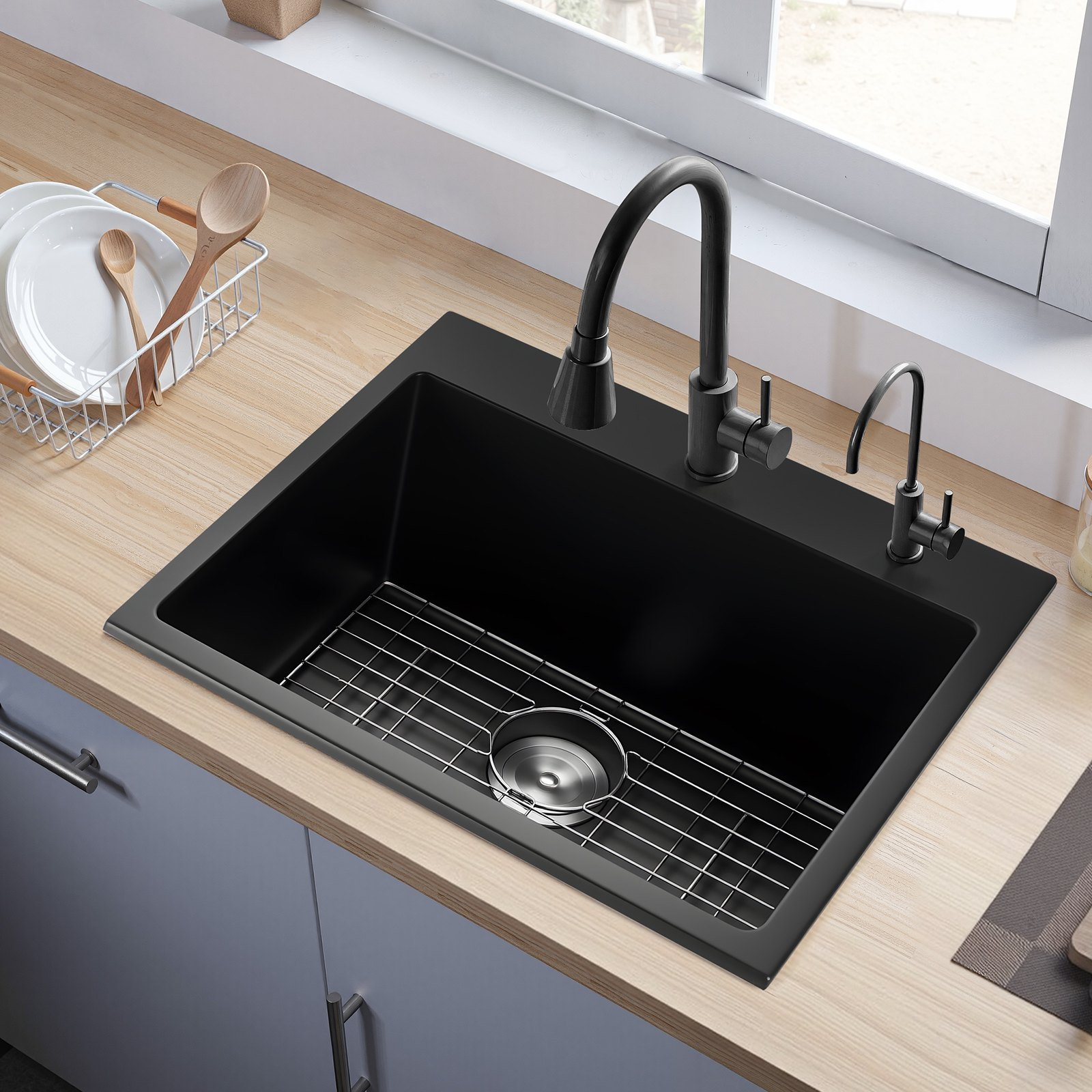 VEVOR 63 cm Granite Kitchen Sink Top Mount Single Bowl Drop-In Basin for RV Bar