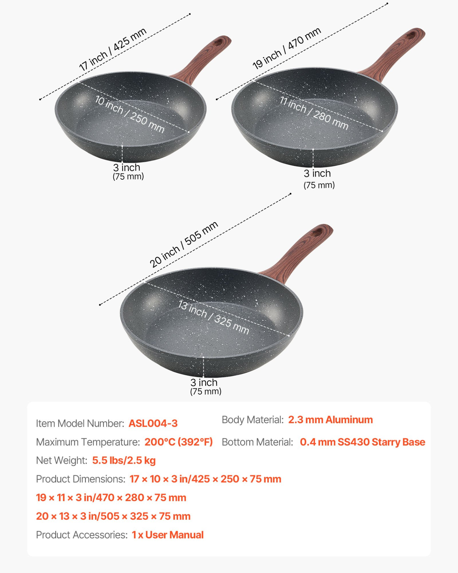 VEVOR 3Pcs Frying Pan Aluminum Skillet Set 250 280 325 mm Nonstick Seasoned Grey