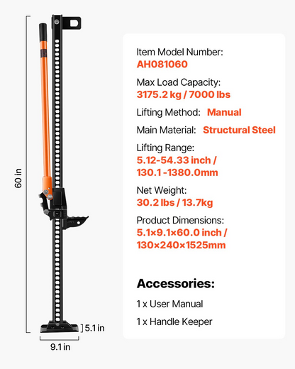 VEVOR 153cm Off Road Farm Jack Hoist 3.18 Ton High Lift Tractor Vehicle's Winch