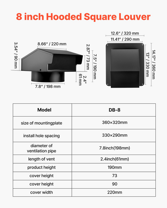 VEVOR 198mm Hooded Wall Vent Cover SPCC Steel Roof Exhaust 1 Pack Black