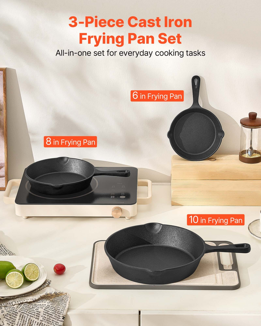VEVOR 3Pcs Cast Iron Skillet Frying Pan Set 160 220 265 mm Handle Seasoned Black