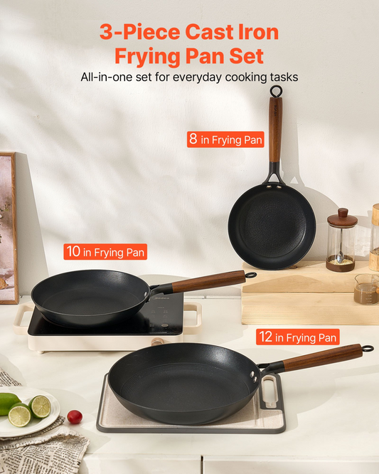VEVOR 3 Piece Cast Iron Skillet Frying Pan Set 205 265 310 mm Nonstick Black