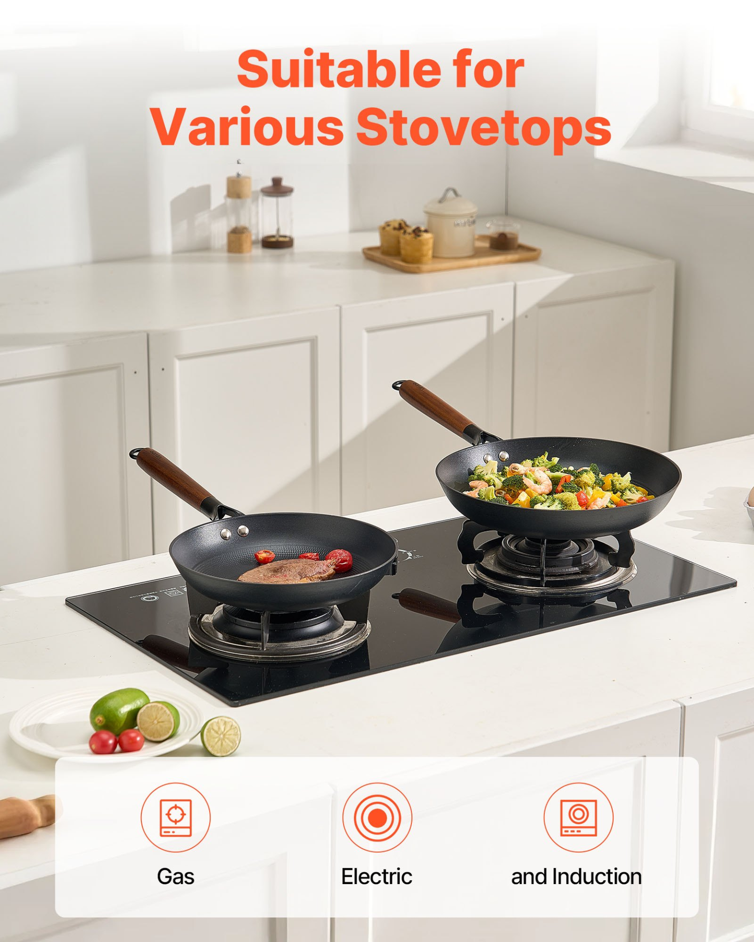 VEVOR 3 Piece Cast Iron Skillet Frying Pan Set 205 265 310 mm Nonstick Black