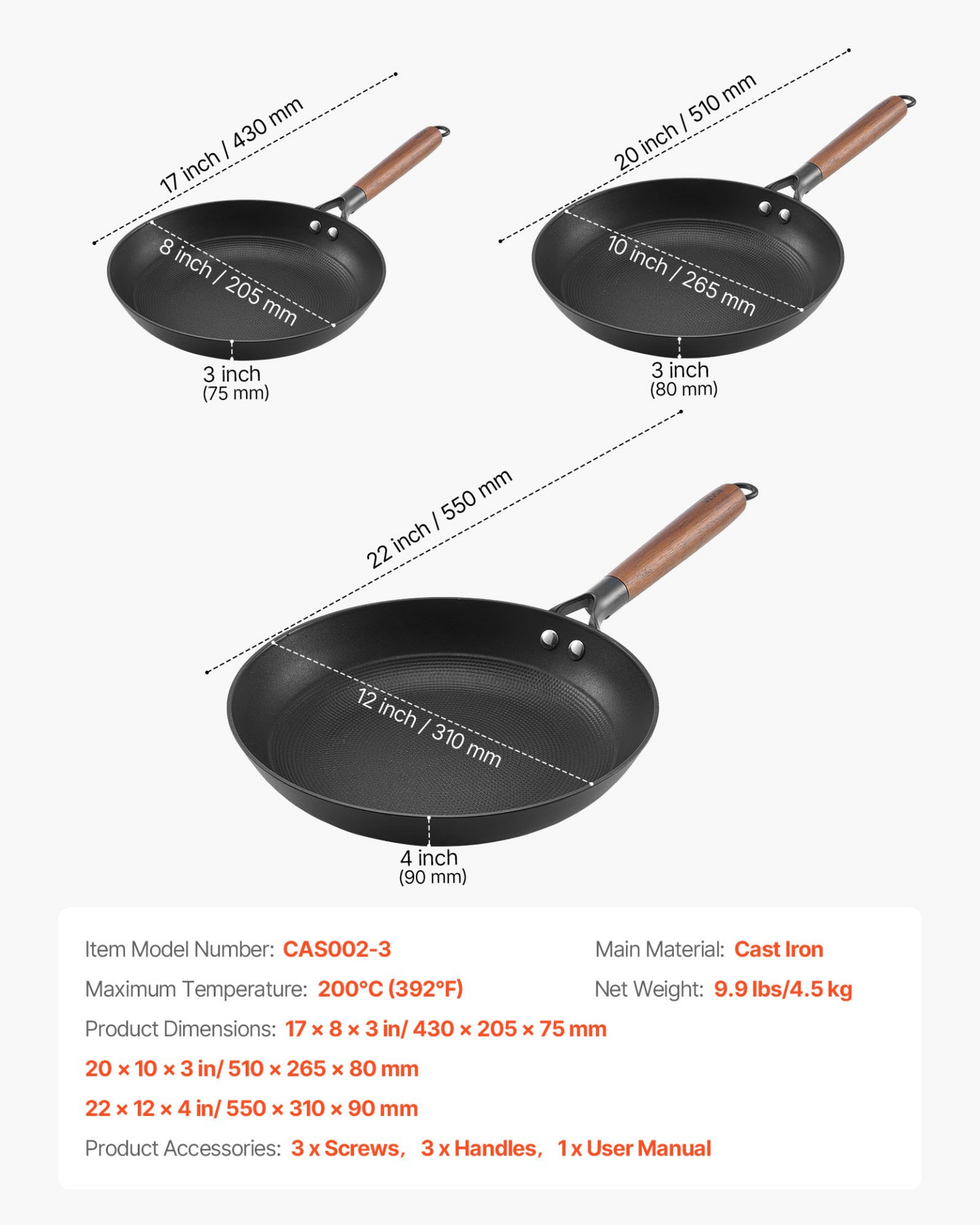 VEVOR 3 Piece Cast Iron Skillet Frying Pan Set 205 265 310 mm Nonstick Black