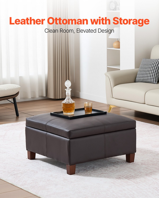 VEVOR 28 in Square Leather Ottoman with Storage Coffee Table for Living Room
