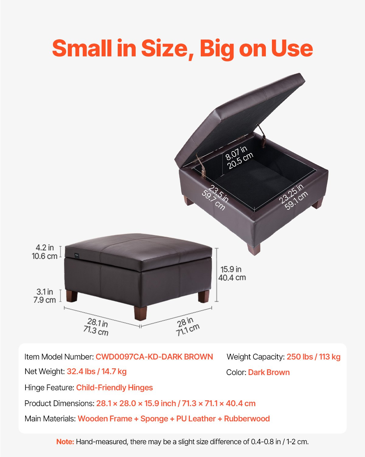 VEVOR 28 in Square Leather Ottoman with Storage Coffee Table for Living Room