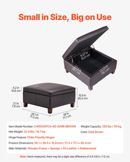 VEVOR 28 in Square Leather Ottoman with Storage Coffee Table for Living Room