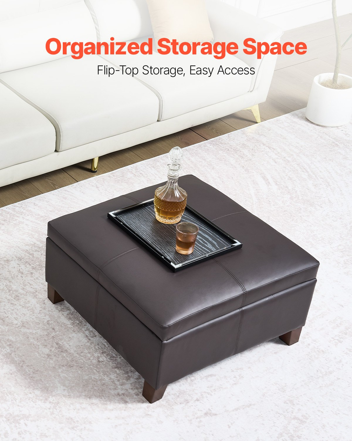 VEVOR 28 in Square Leather Ottoman with Storage Coffee Table for Living Room
