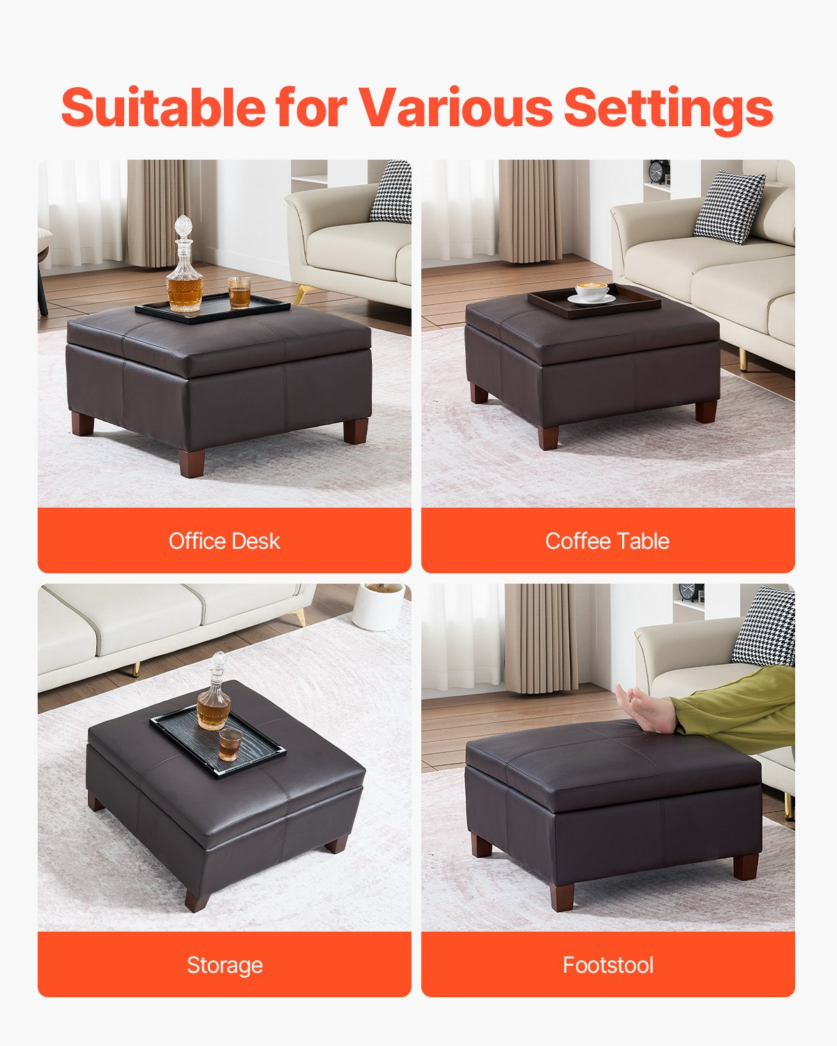 VEVOR 28 in Square Leather Ottoman with Storage Coffee Table for Living Room