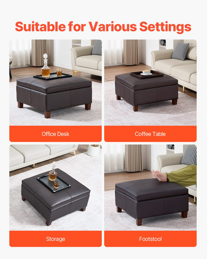 VEVOR 28 in Square Leather Ottoman with Storage Coffee Table for Living Room