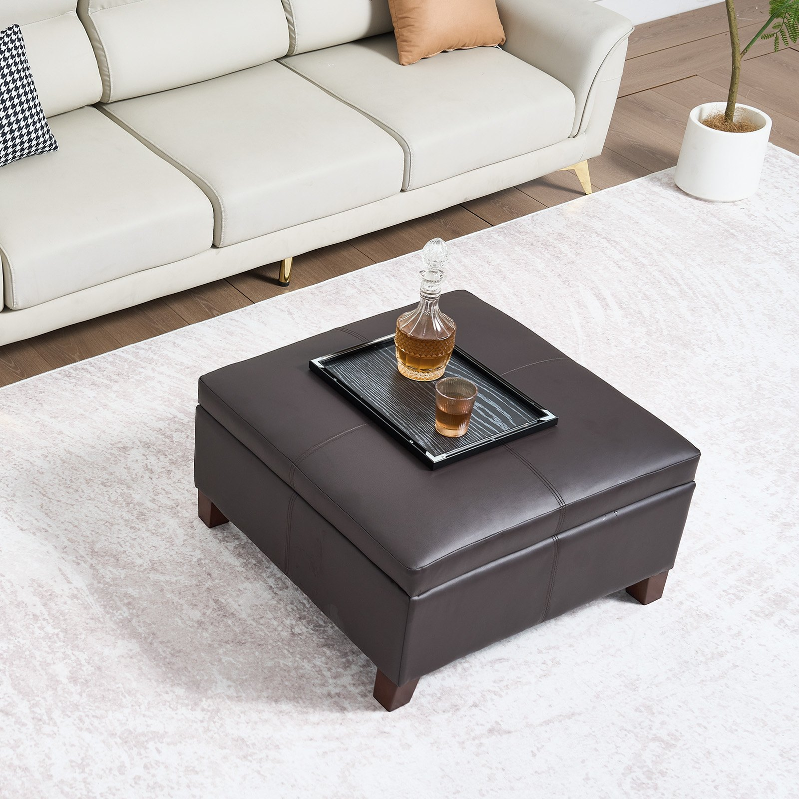 VEVOR 28 in Square Leather Ottoman with Storage Coffee Table for Living Room