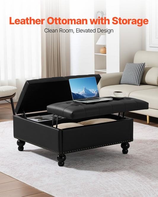 VEVOR 34 in Square Leather Ottoman with Storage Coffee Table for Living Room