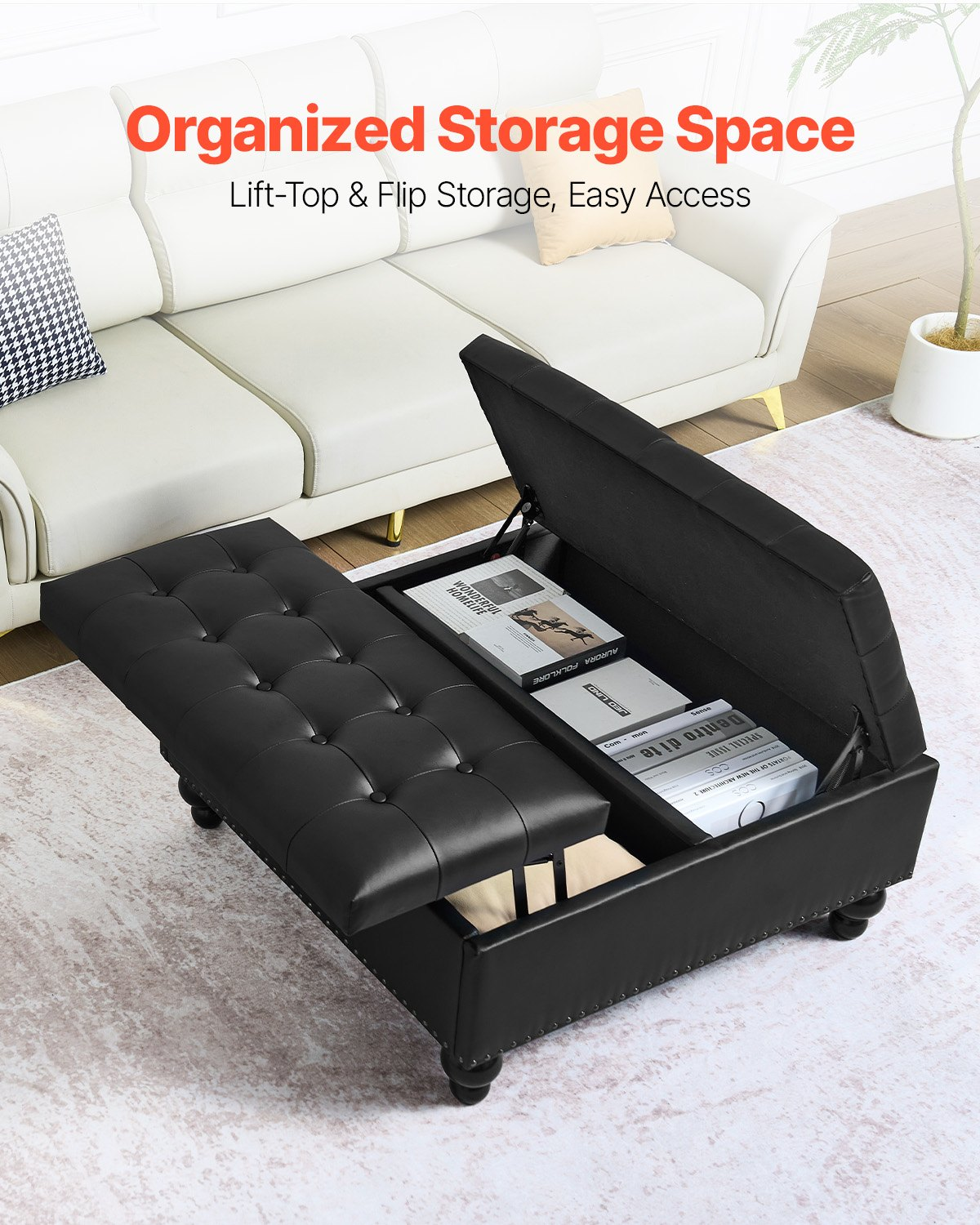 VEVOR 34 in Square Leather Ottoman with Storage Coffee Table for Living Room