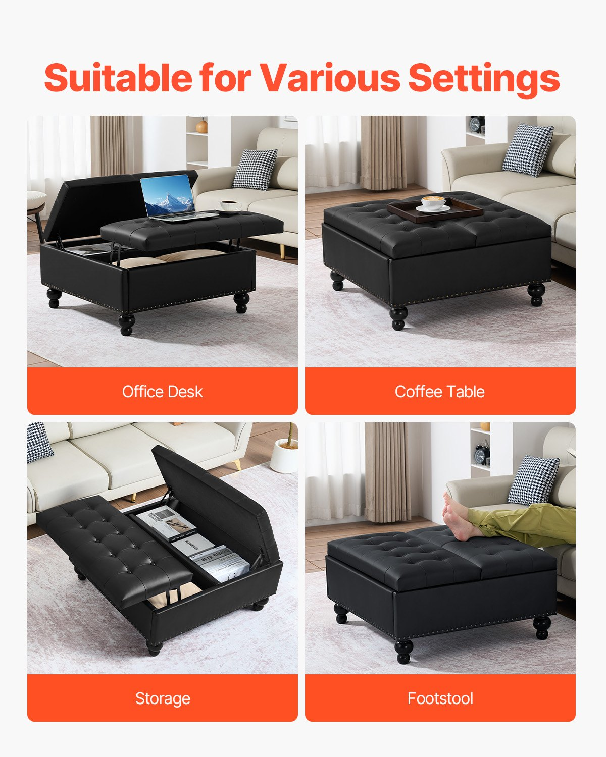 VEVOR 34 in Square Leather Ottoman with Storage Coffee Table for Living Room