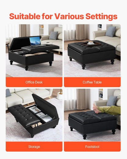 VEVOR 34 in Square Leather Ottoman with Storage Coffee Table for Living Room