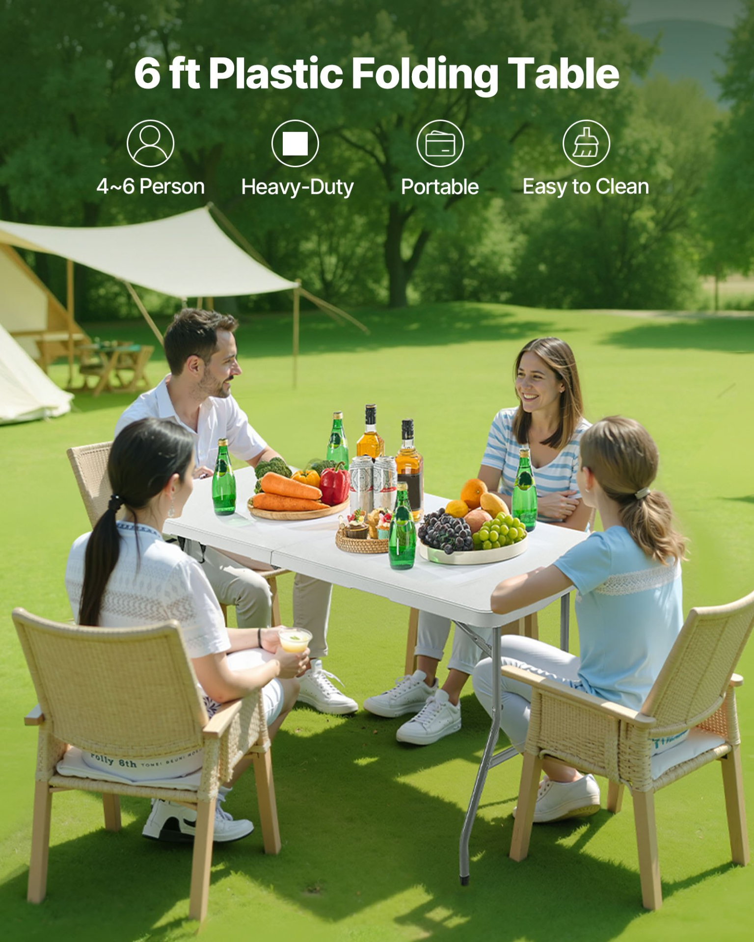 VEVOR 180cm Plastic Folding Table Portable Picnic Table Handle Indoor Outdoor