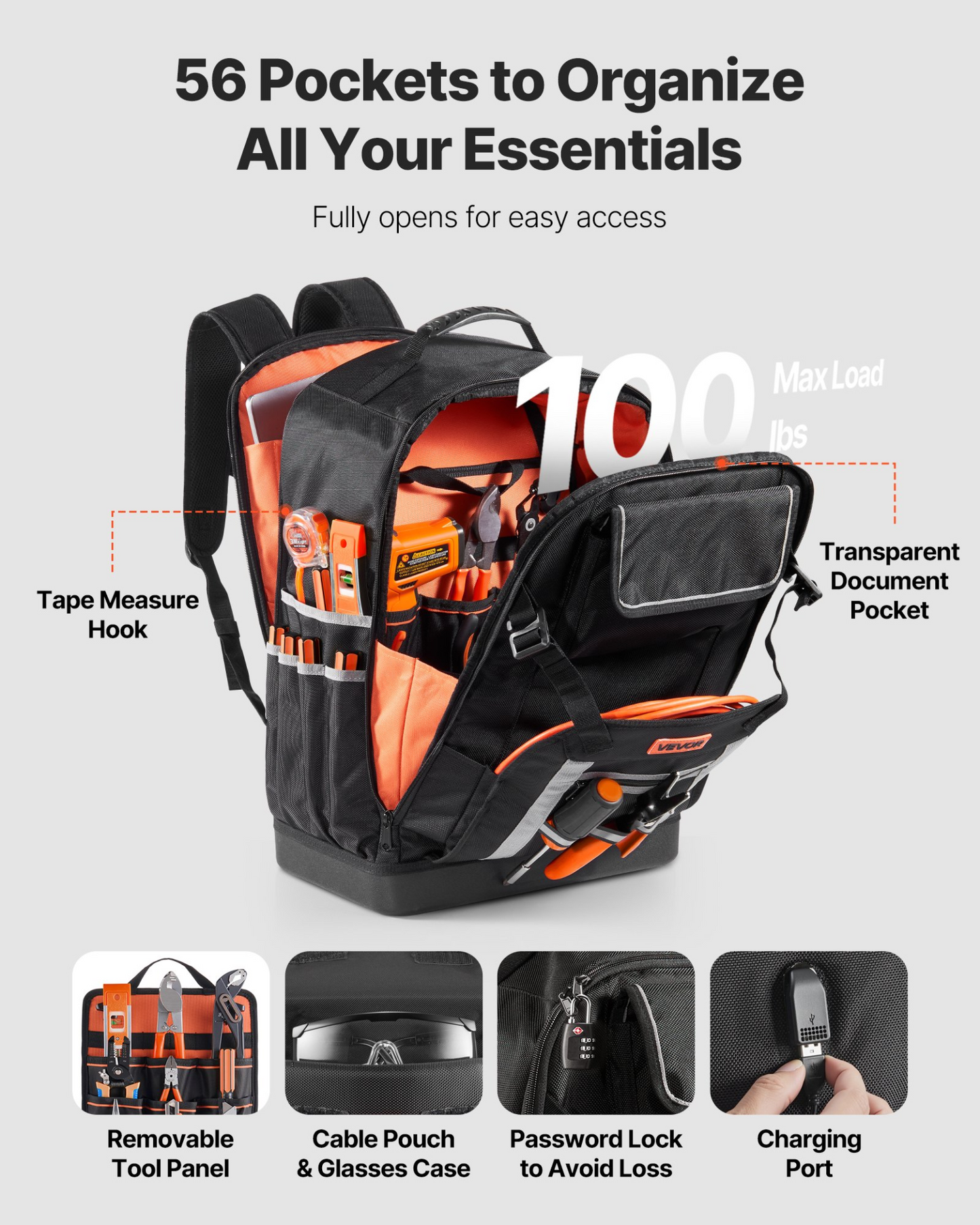 VEVOR Tool Backpack 56 Pockets Splash-resistant Jobsite Backpack for Electrician