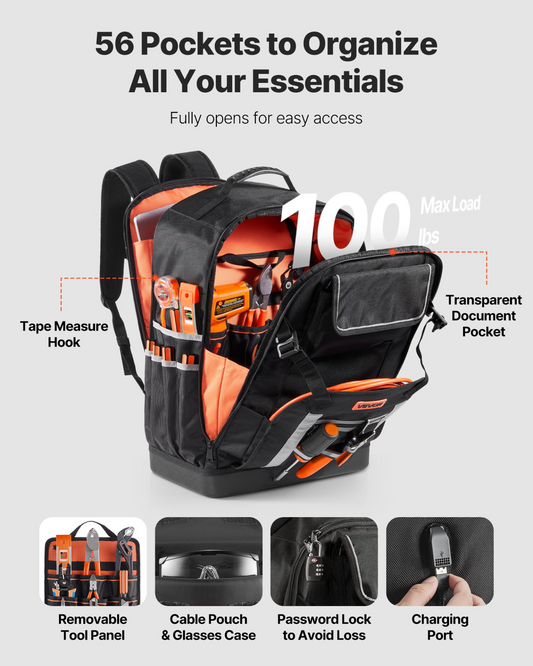VEVOR Tool Backpack 56 Pockets Splash-resistant Jobsite Backpack for Electrician