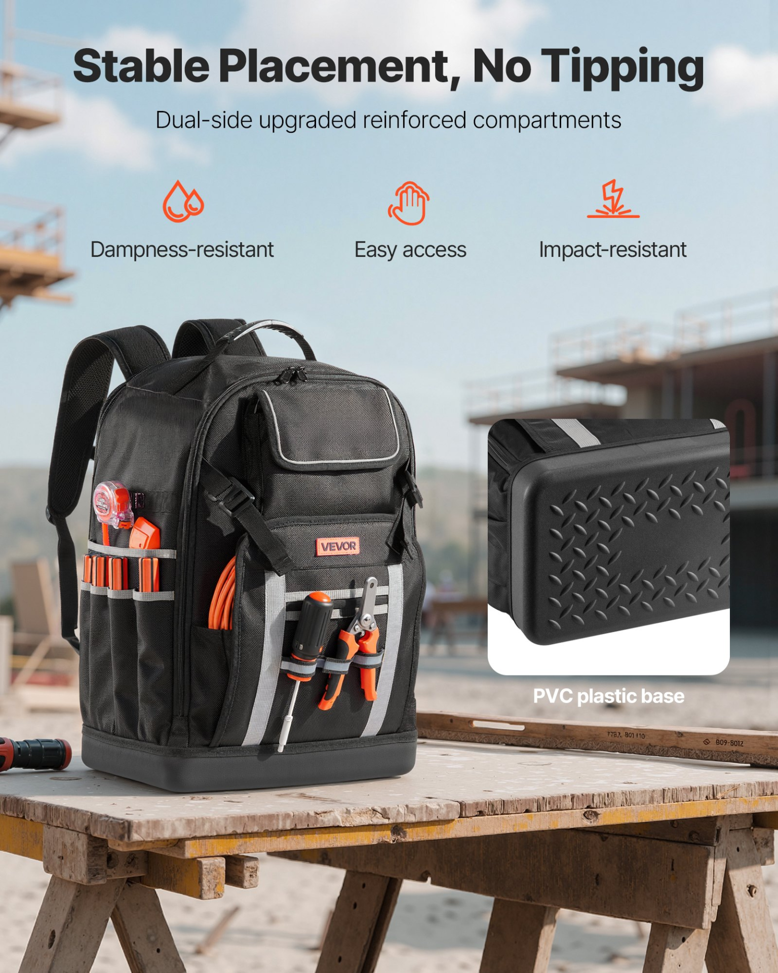 VEVOR Tool Backpack 56 Pockets Splash-resistant Jobsite Backpack for Electrician
