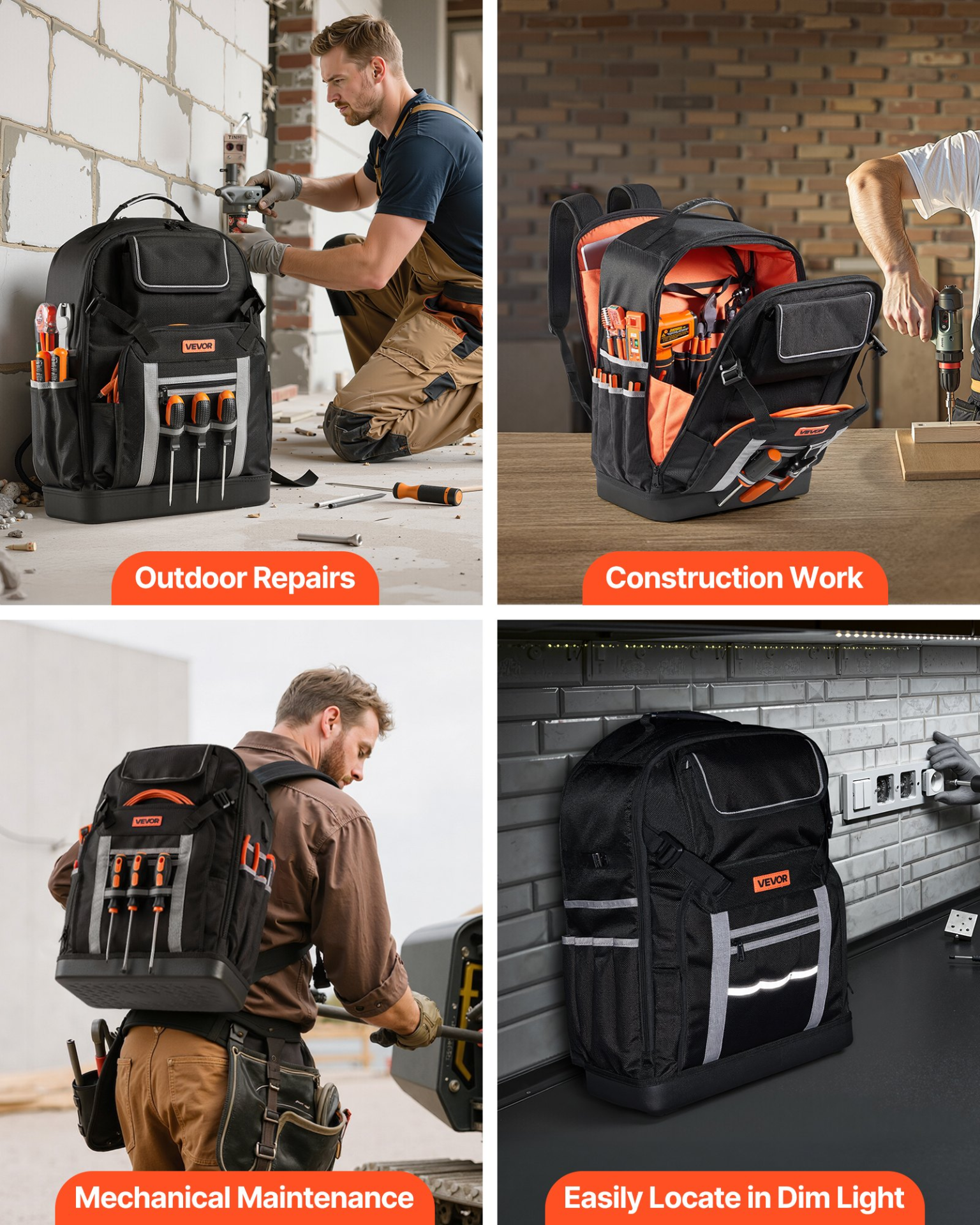 VEVOR Tool Backpack 56 Pockets Splash-resistant Jobsite Backpack for Electrician