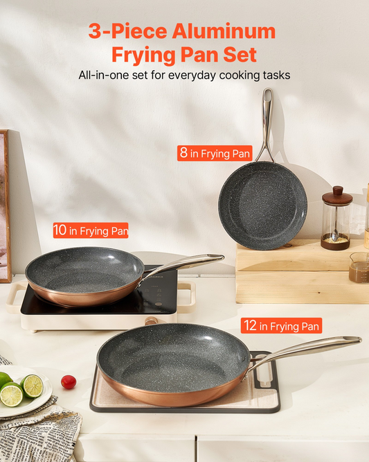 VEVOR 3 Pcs Frying Pan Aluminum Skillet Set 200 270 300 mm Handle Seasoned Grey