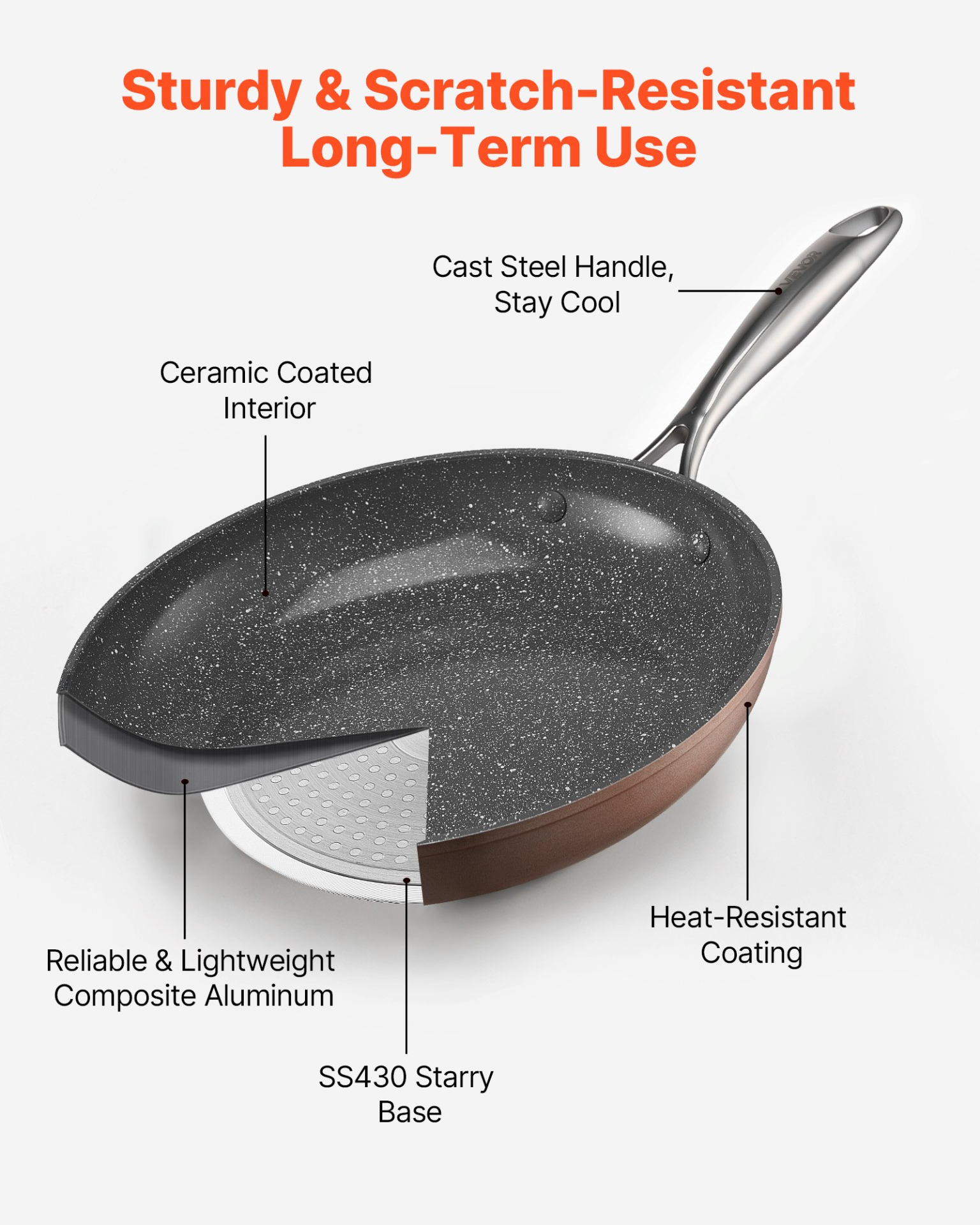 VEVOR 3 Pcs Frying Pan Aluminum Skillet Set 200 270 300 mm Handle Seasoned Grey