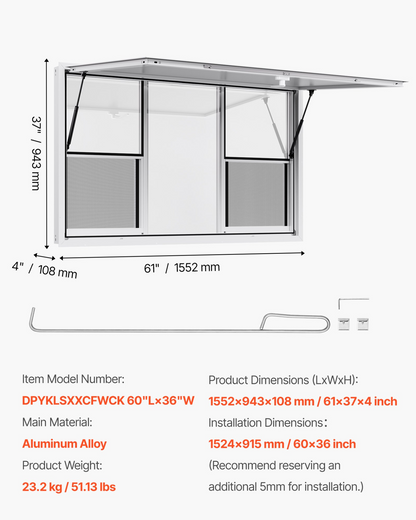 VEVOR 152x92 cm Concession Stand Serving Window Food Truck Service Awning