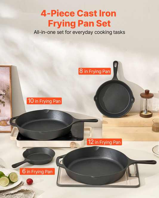 VEVOR 4 Piece Cast Iron Skillet Frying Pan Set 155 205 260 305 mm Handle Black