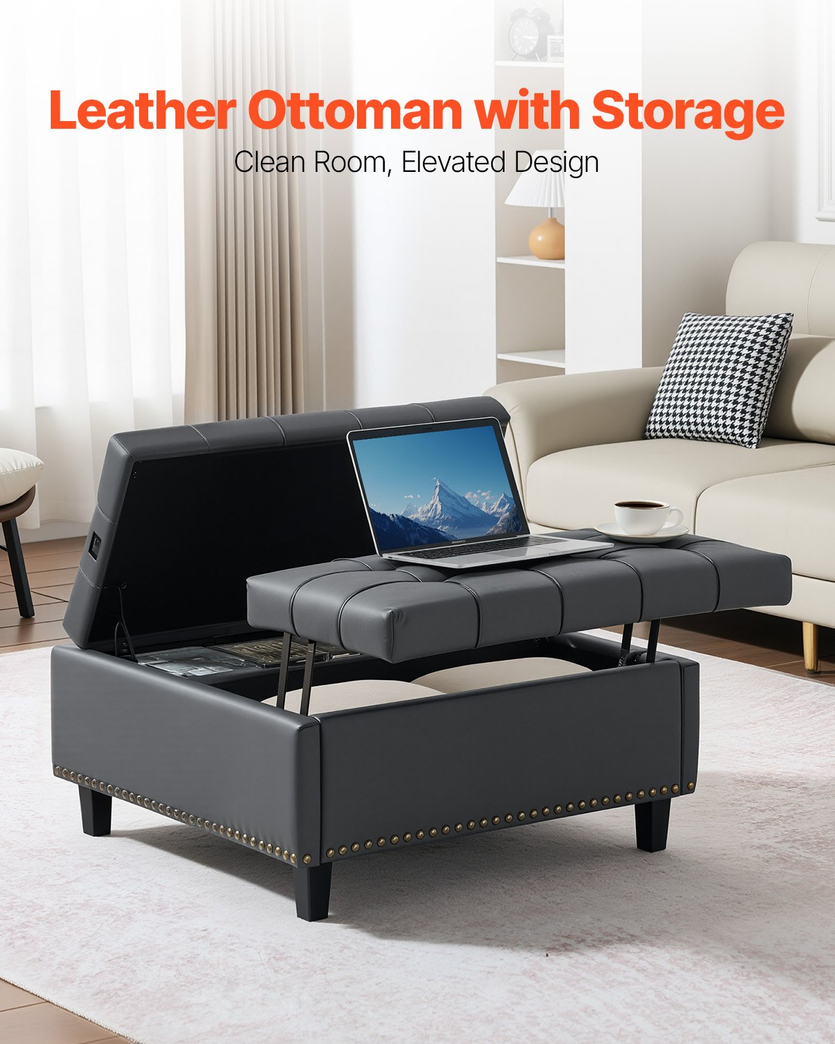 VEVOR 31 in Square Leather Ottoman with Storage Coffee Table for Living Room