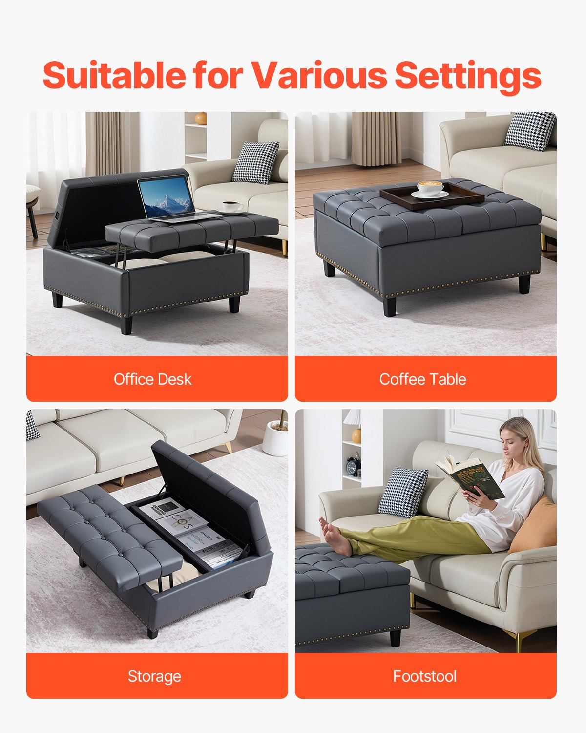 VEVOR 31 in Square Leather Ottoman with Storage Coffee Table for Living Room