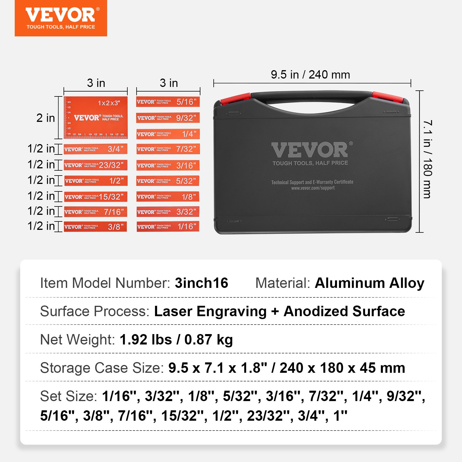 VEVOR Setup Blocks Woodworking Height Gauge Set 16PCS Precision Set up Bars