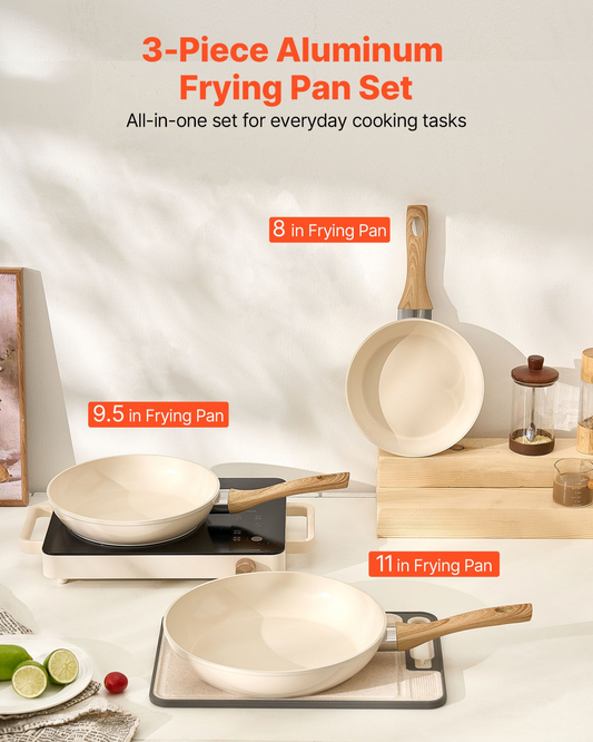 VEVOR 3 Pcs Frying Pan Aluminum Skillet Set 200 240 280 mm Handle Seasoned Beige