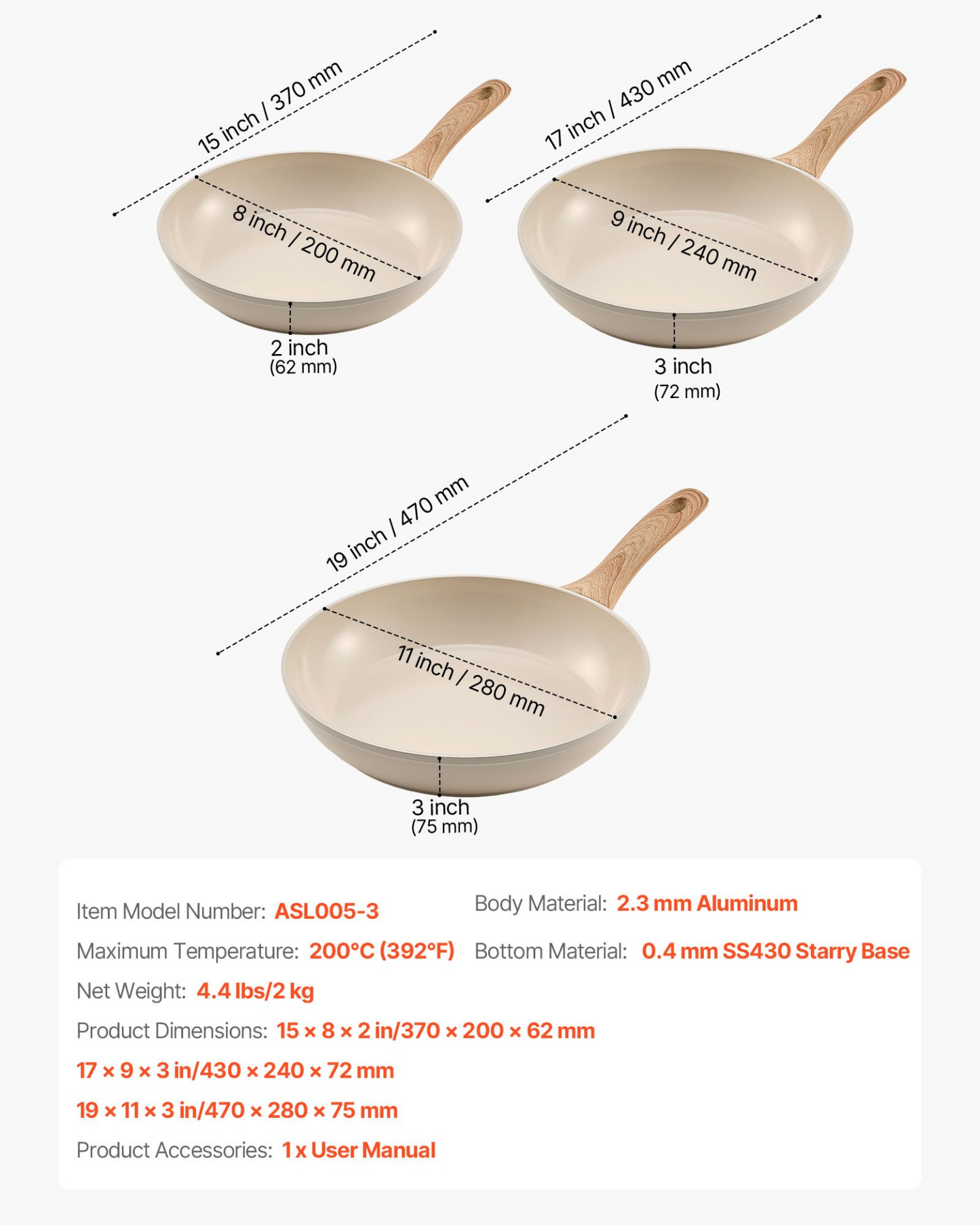 VEVOR 3 Pcs Frying Pan Aluminum Skillet Set 200 240 280 mm Handle Seasoned Beige