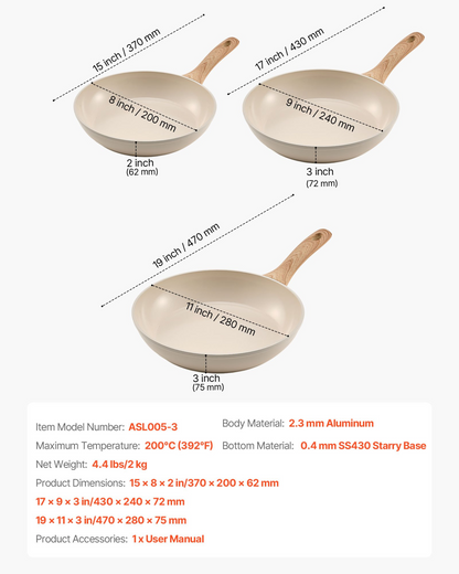 VEVOR 3 Pcs Frying Pan Aluminum Skillet Set 200 240 280 mm Handle Seasoned Beige