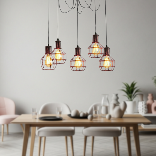 Rustic Red 2m Pendant Light | Industrial Cage Spider Lamp~1589