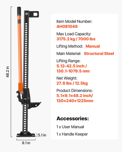 VEVOR 122cm Off Road Farm Jack Hoist 3.18 Ton High Lift Tractor Vehicle's Winch